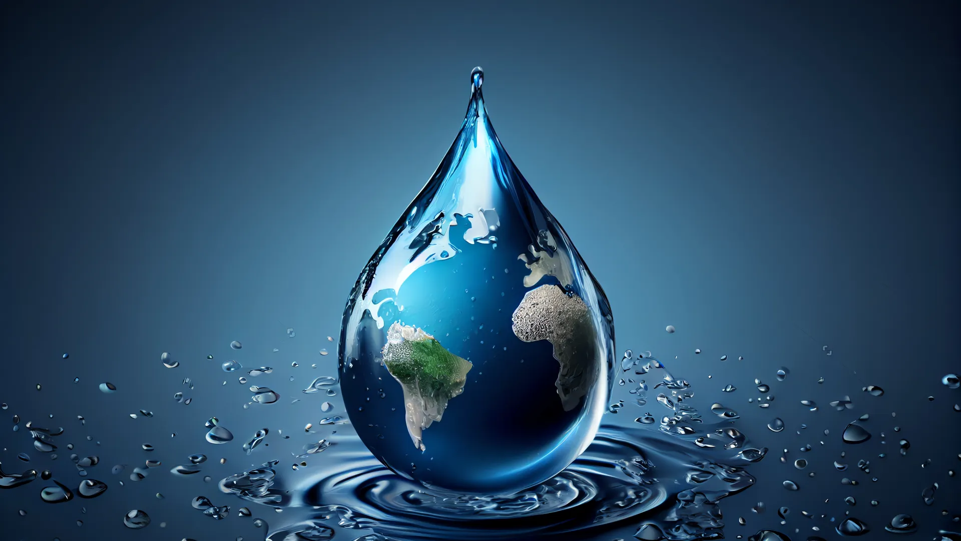 Eine Erdkugel in Form eines Wassertropfens fällt ins Meer.